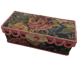 Vintage Floral Tapestry Trinket Covered Jewelry Box Pink Trim Victorian Style